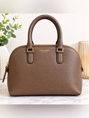 ✨ Henri Bendel Taupe Structured Dome Satchel Gold Hardware EUC